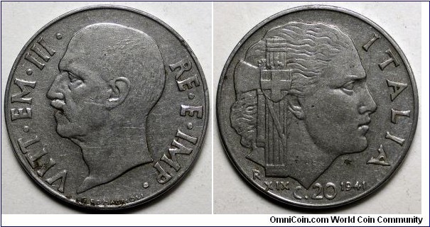 Italy, 1941-R 20 Centesimi, KM#75b.