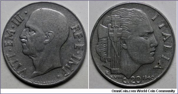 Italy, 1940-R 20 Centesimi, KM#75b.