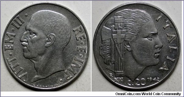 Italy, 1942-R 20 Centesimi, KM#75b.
