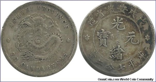China 7,2 Candereens (10 Cents) ND(1897) An-hwei Province (2.65 g / .820 Ag)