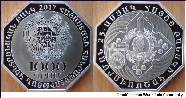 1000 Dram - 25 years of Armenian Army - 33.6 g 0.925 silver Proof - mintage 500 pcs only !