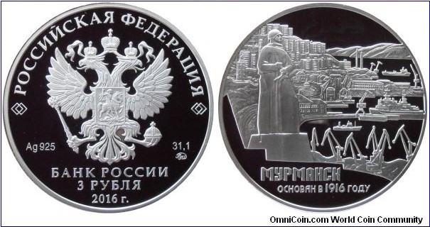 3 Rubles - 100 years of Murmansk - 33.94 g 0.925 silver Proof - mintage 3,000