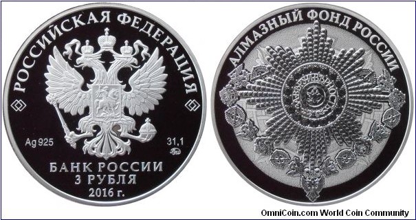 3 Rubles - Diamonds of Russie : St Andre Star - 33.94 g 0.925 silver Proof - mintage 3,000