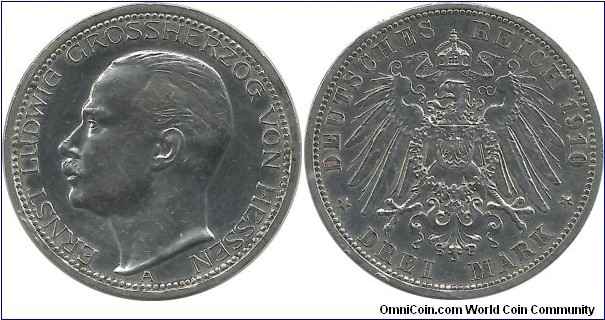 Germany-Hesse Darmstadt 3 Mark 1910A (16.67 g / .900 Ag)