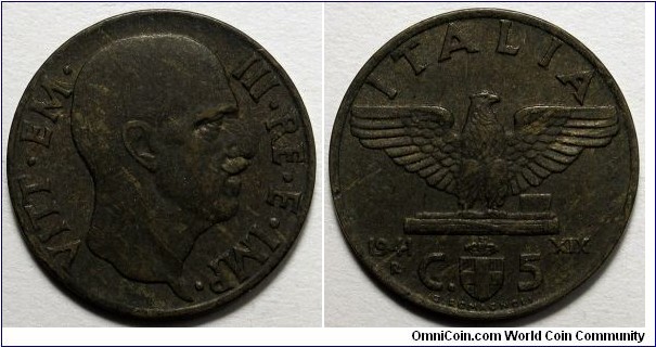 Italy, 1941-R 5 Centesimi, KM#73a.