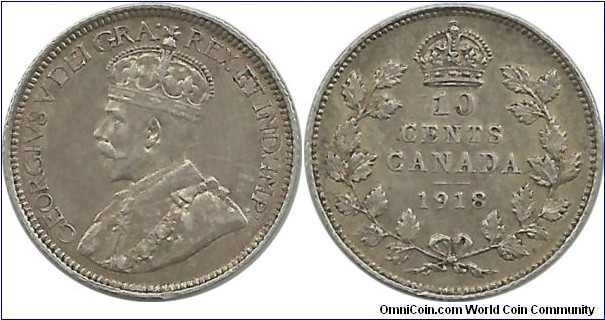Canada 10 Cents 1918 (2.32 g / .925 Ag) 