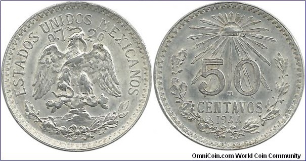Mexico 50 Centavos 1944 (8.33 g / .720 Ag)