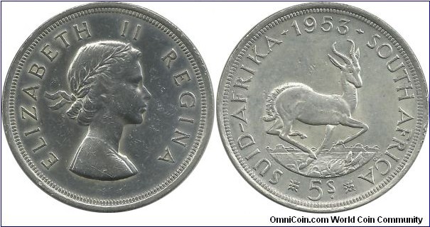 SouthAfrica-British 5 Shillings 1953 (I clean this coin only obv.) (28.28 g / .500 Ag)