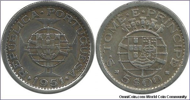 StTomaPrincipe 5 Escudos 1951 (I clean this coin)  (7.00 g / .650 Ag)