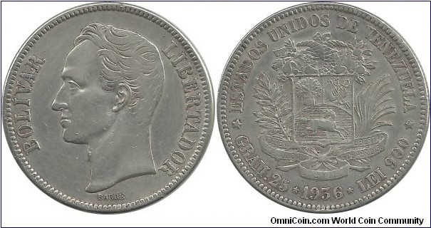 Venezuela 5 Bolivares 1936(p) (I clean this coin)  (25.00 g / .900 Ag)