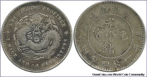 China-Empire 1 Mace and 4,4 Candereens(20 Cents) ND(1890-1908) (Kwang-Tung Province) (5.50 g / .800 Ag)