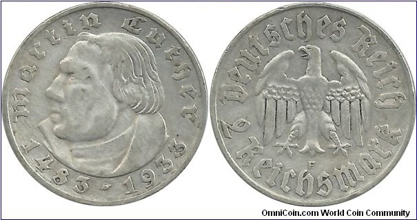Germany-Nazi 2 Reichsmark 1933F (Martin Luther, 450th Death Ann.)  (8.00 g / .625 Ag)