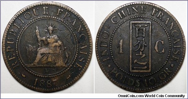 French Indochina, 1887-A 1 Centime, KM#1.