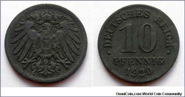 German Empire 10 pfennig. 1920, Without mintmarks. Zinc.