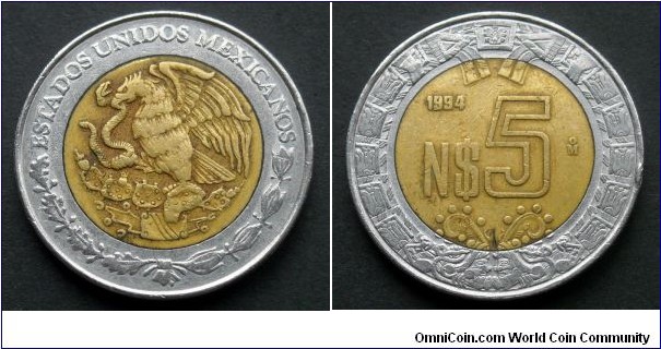 Mexico 5 new pesos.
1994