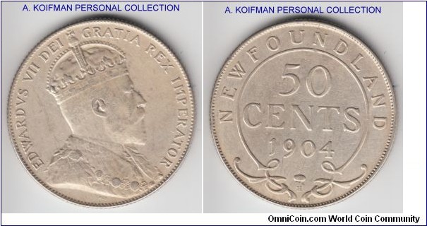 KM-11, 1904 Newfoundland 50 cents, Heaton mint (H mintmark); silver, reeded edge; good very fine plus, probably cleaned