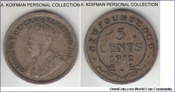 KM-13, 1912 Newfoundland 5 cents; silver, reeded edge; good fine.