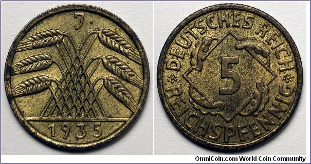 Germany, 1935-J 5 Reichspfennig, KM#39.