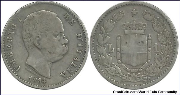 Italy-Kingdom 1 Lira 1884R (5.00 g / .835 Ag)