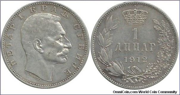 Serbia-Kingdom 1 Dinar 1912 (5.00 g / .835 Ag)