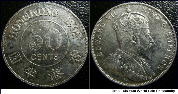 Hong Kong 1902 50 cents. Excellent condition with minor planchet flaws. Weight: 13.53g