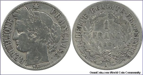 France 1 Franc 1881A (5.00 g / .835 Ag) (I clean the coin)