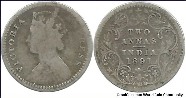 India-British 2 Annas 1891C (1.46 g / .917 Ag)