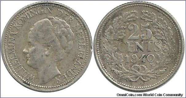Nederland 25 Cents 1940 (3.58 g / .640 Ag)