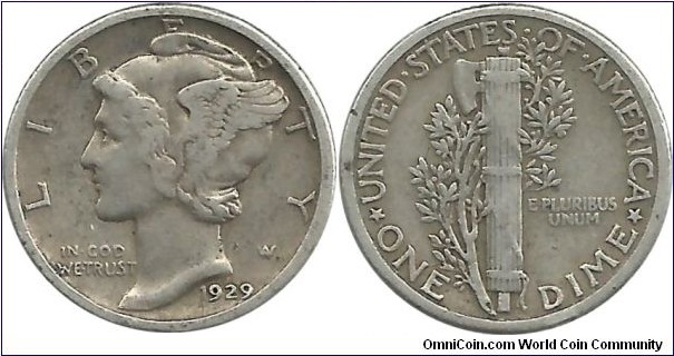 USA 10 Cents 1929 (2.50 g / .900 Ag)