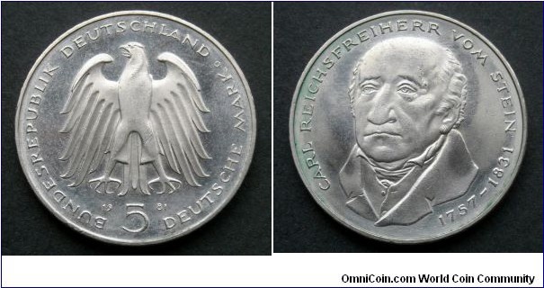 Germany (German Federal Republic) West Germany 5 mark.
1981, Carl Reichsfreiherr vom Stein (1757-1831)