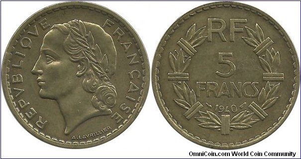 France 5 Francs 1940-AlBr (for use in Algeria)