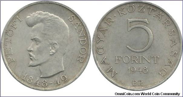 Hungary 5 Forint 1948 - 1848-49 Revolutions Centenary (12.00 g / .500 Ag)
