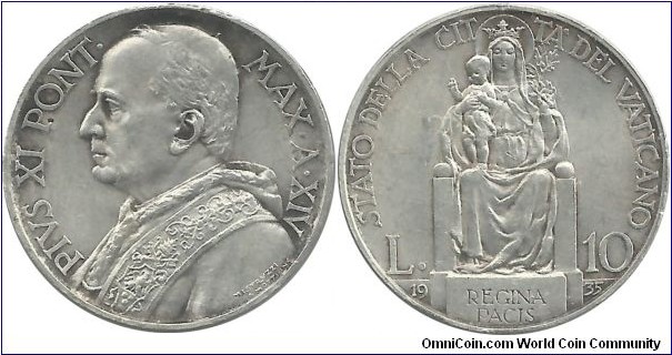 Vatican City 10 Lire 1935 (10.00 g / .835 Ag)