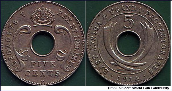 East Africa & Uganda Protectorates 1914 K 5 Cents.