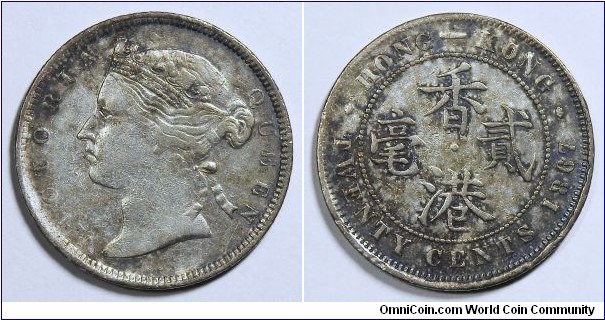 British Hong Kong, Queen Victoria, 20 Cents, 1867. Hong Kong mint (1866-1868). 5.22g, 23.32mm, silver. KM# 7. Toned. Cleaned. Crudely struck as usual from this mint. Good very fine. 