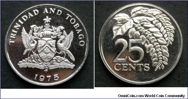 Trinidad and Tobago 25 cents. 1975, Proof from Franklin Mint.