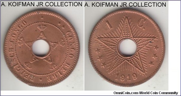 KM-15, 1919 Belgian Congo centime; copper, reeded edge; Albert I, mostly red uncirculatednice coin with smaller mintage.