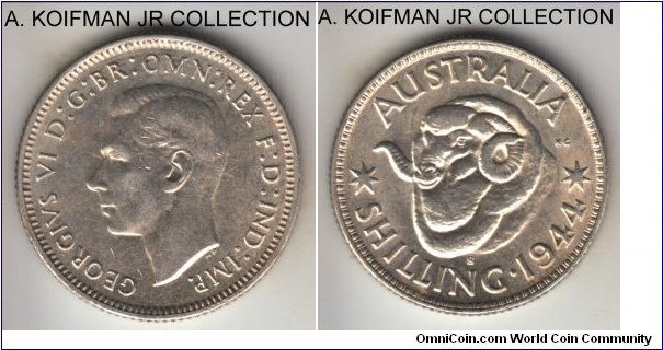KM-39, 1944 Australia shilling, San Francisco mint (S mint mark); silver, reeded edge; George V war time, last year of the type and last sterling silver shilling, about uncirculated.