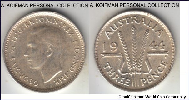 KM-37, 1944 Australia 3 pence, San Francisco mint (S mint mark); silver, plain edge; weakly struck about uncirculated, last year of the type and last sterling silver threepence.