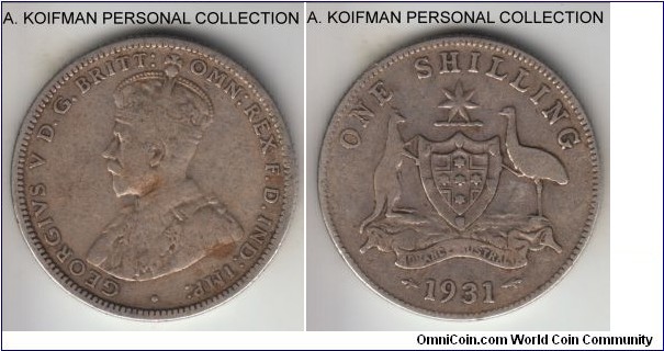 KM-26, 1931 Australia shilling, Melbourne mint (no mint mark); silver, reeded edge; circulated fine or so.