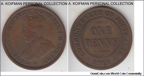 KM-23, 1919 Australia penny, Melbourne mint (no mint mark); bronze, plain edge; fine or about, common no dot under the scroll variety.
