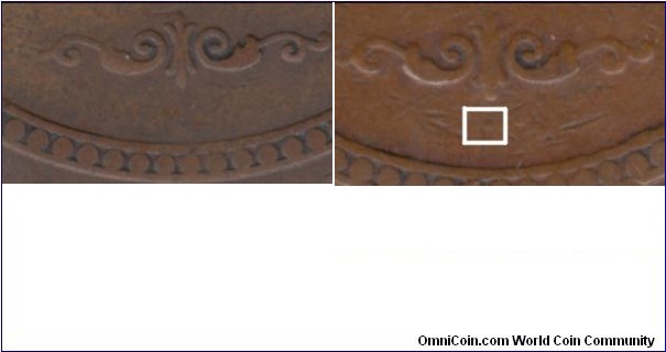 Left: Detail: No dot below scroll in AS19B.
Right: Detail: Dot below bottom scroll in AS19C.