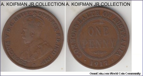 KM-23, 1917 Australia penny, Calcutta mint (I mint mark); bronze, plain edge; early George V coinage, fine or about.