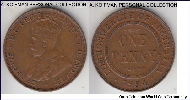 KM-23, 1934 Australia penny, Melbourne mint (no mint mark); bronze, plain edge; brown good very fine to about extra fine.