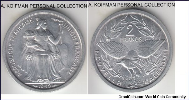 KM-3, 1949 New Caledonia 2 francs; aluminum, plain edge; French overseas territory in South Pacific, brilliant uncirculated.