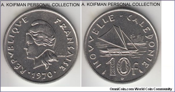 KM-5, 1970 New Caledonia 10 francs, Paris mint; nickel, reeeded edge; nicer uncirculated.