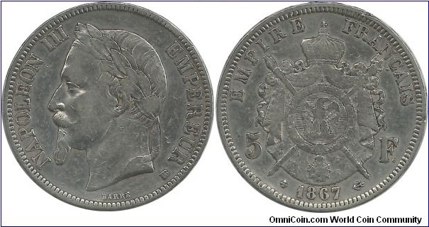 France 5 Francs 1867BB (25.00g / .900 Ag) - Emperor Napoleon III (1848-1852 President) (1852-1870 Emperor)