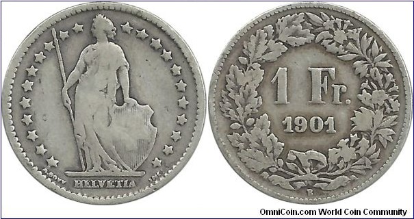 Switzerland 1 Franc 1901B (5.00g / .835 Ag)