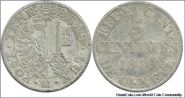 Switzerland GenevaCanton 5 Centimes 1840 (Billon)