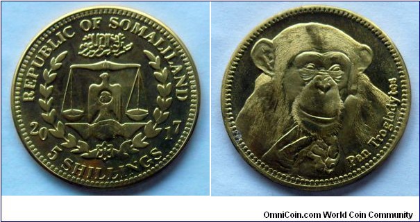 Somaliland 5 shillings. 2017, Monkeys series - Chimpanzee (Pan troglodytes)